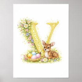 Letter V Gold Spring Nature Monogram Baby Fawn Kid Poster