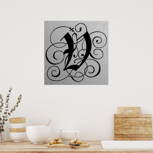 Letter V, Gothic Monogram Black Poster (Küche)