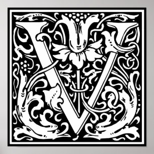 Letter V Medieval Monogram Vintag Initial Poster