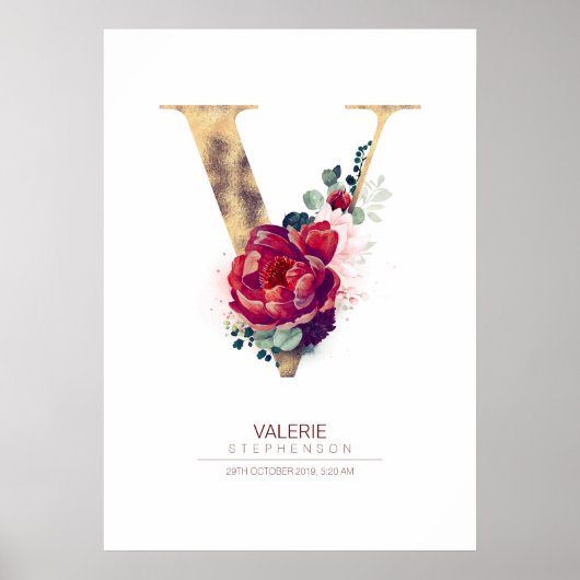 Letter V Monogram Floral Burgundy Red and Gold Poster (Vorne)