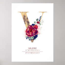 Letter V Monogram Floral Navy Blue und Burgundy Poster
