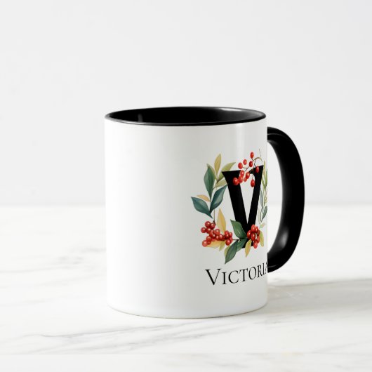 Letter V Monogram Ursprünglicher Berry Wreath Tasse (VorderseiteRechts)