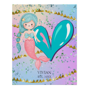 Letter V Monogram Watercolor Niedlich Mermaid Kind Poster
