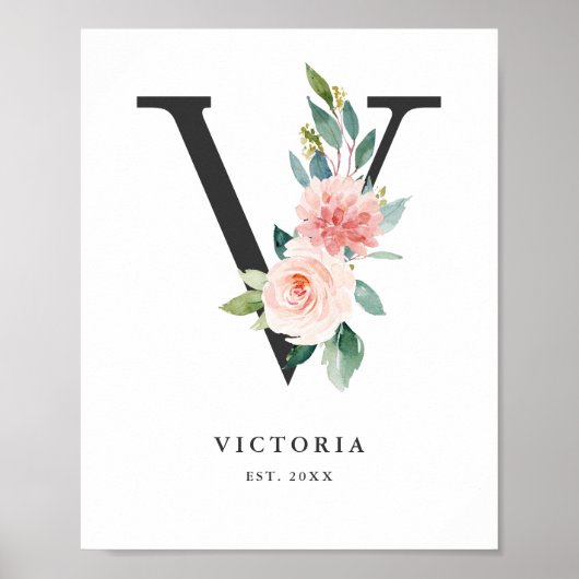 Letter V Monogram Watercolor Peach Florals Kinderz Poster (Vorne)