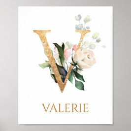 Letter V Monogramm Rose Kinderzimmer Poster