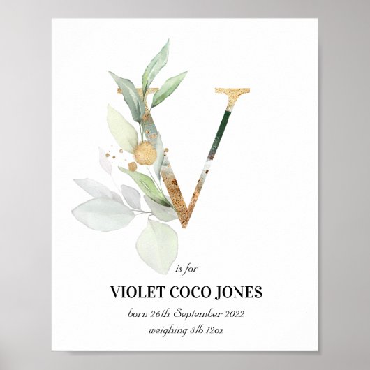 Letter V New Baby Monogram Birth Print Greenery Poster (Vorne)