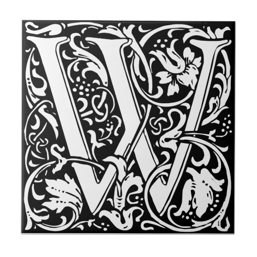 Letter W art nouveau black and white Tile Fliese (Vorderseite)