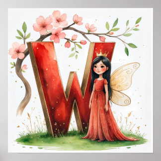 Letter W Crown Princess Fairy Poster Alphabet Art