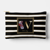 Letter W Floral Monogram Schwarz-weiße Streifen Zubehörtasche (Vorderseite)