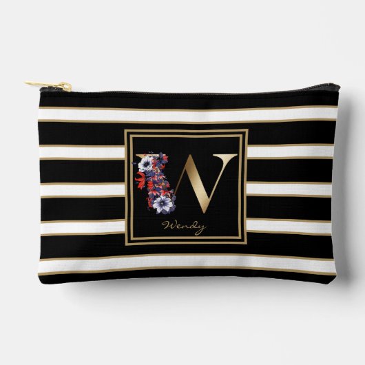 Letter W Floral Monogram Schwarz-weiße Streifen Zubehörtasche (Vorderseite)