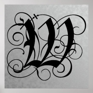Letter W, Gothic Monogram Black Poster