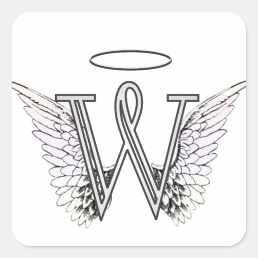 Letter W Initial Monogram mit Angel Wings & Halo Quadratischer Aufkleber (Vorderseite)