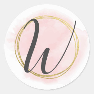 Letter W Monogram Blush Pink Watercolor Gold Chic Runder Aufkleber