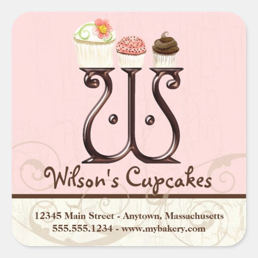 Letter W Monogram Cupcake Logo Business-Aufkleber Quadratischer Aufkleber (Vorderseite)