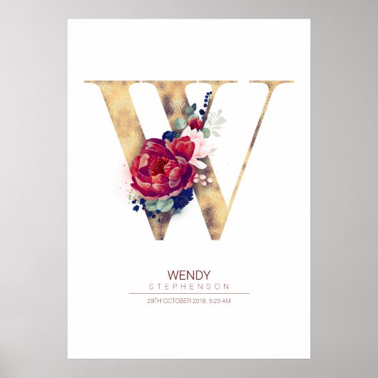 Letter W Monogram Floral Navy Blue und Burgundy Poster (Vorne)