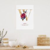 Letter W Monogram Floral Navy Blue und Burgundy Poster (Küche)