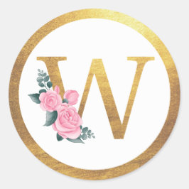 Letter W Monogram Roses Floral & Elegant Gold Runder Aufkleber