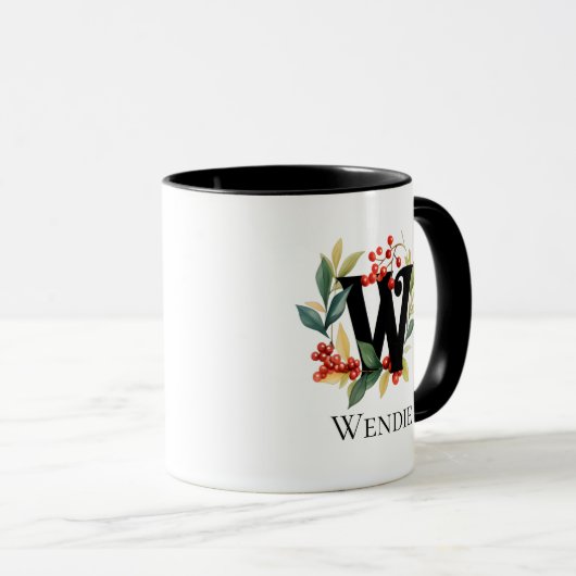 Letter W Monogram Ursprünglicher Berry Wreath Tasse (VorderseiteRechts)