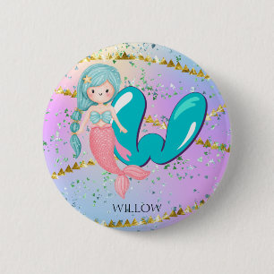 Letter W Monogram Watercolor Niedlich Mermaid Kind Button