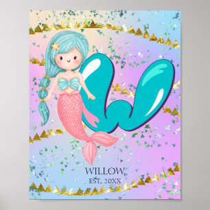 Letter W Monogram Watercolor Niedlich Mermaid Kind Poster