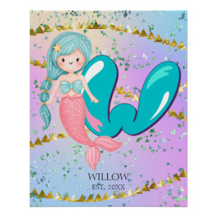 Letter W Monogram Watercolor Niedlich Mermaid Kind Poster