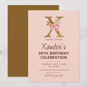 Letter X Gold Monogramm Rosen in Blushrosa Einladung