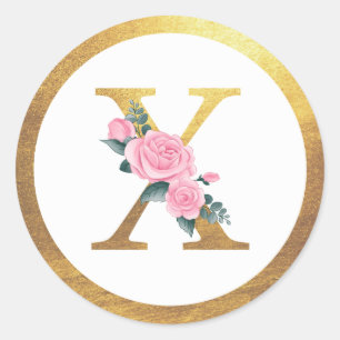 Letter X Monogram Roses Floral & Elegant Gold Runder Aufkleber