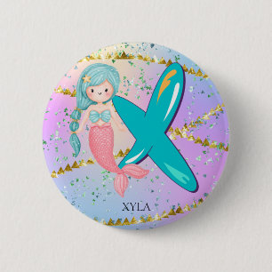 Letter X Monogram Watercolor Niedlich Mermaid Kind Button