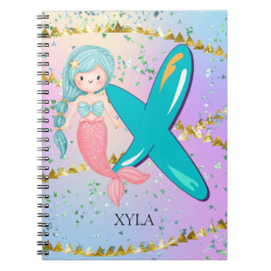 Letter X Monogram Watercolor Niedlich Mermaid Kind Notizblock