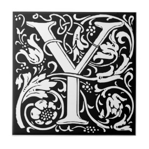 Letter Y Art Nouveau Schwarz/Weiß Tile Fliese