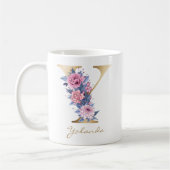 Letter Y Gold Monogram Pink Blue Floral Kaffeetasse (Links)