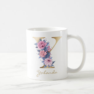 Letter Y Gold Monogram Pink Blue Floral Kaffeetasse