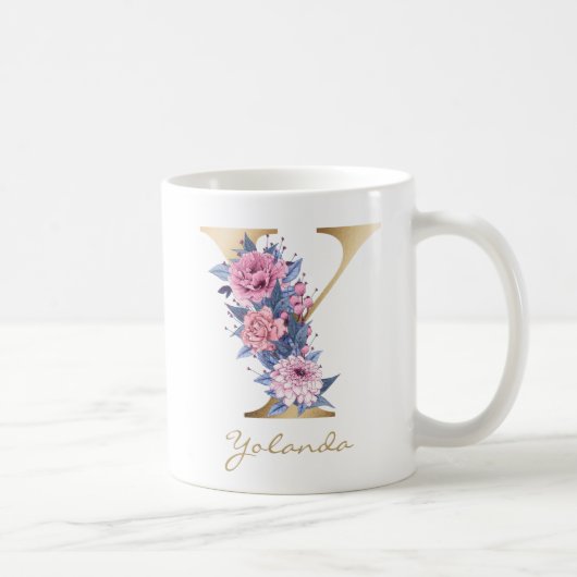 Letter Y Gold Monogram Pink Blue Floral Kaffeetasse (Rechts)
