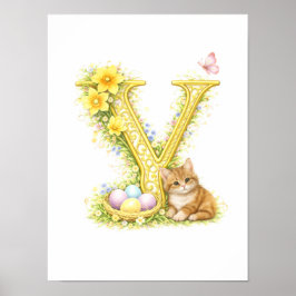 Letter Y Gold Spring Nature Monogram Kitten Kids  Poster