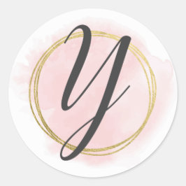 Letter Y Monogram Blush Pink Watercolor Gold Chic Runder Aufkleber
