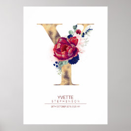 Letter Y Monogram Floral Navy Blue und Burgundy Poster