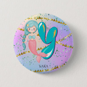 Letter Y Monogram Watercolor Niedlich Mermaid Kind Button