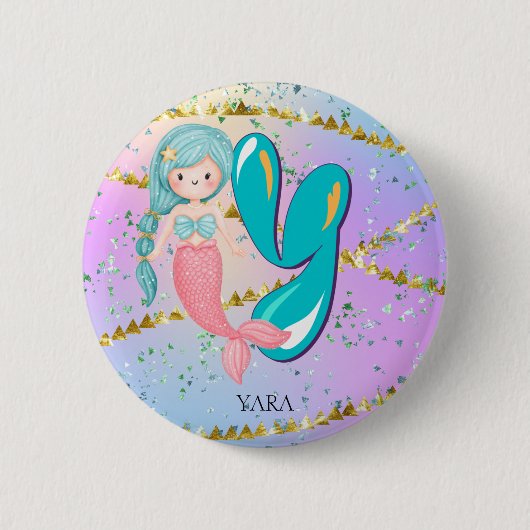 Letter Y Monogram Watercolor Niedlich Mermaid Kind Button (Vorderseite)