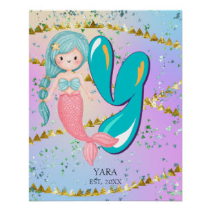 Letter Y Monogram Watercolor Niedlich Mermaid Kind Poster