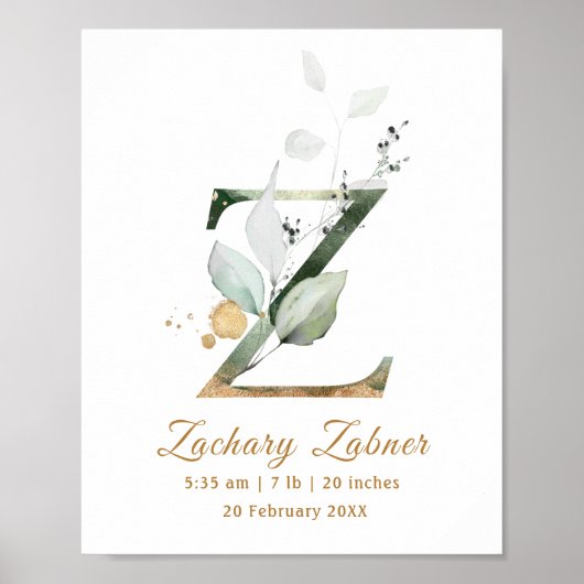 Letter Z green & gold foliage Baby Birth Poster (Vorne)