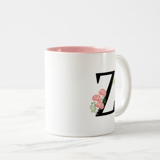 Letter Z Monogram Aquarellfarben Blume pink gelb Zweifarbige Tasse (VorderseiteRechts)