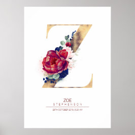 Letter Z Monogram Floral Navy Blue und Burgundy Poster