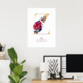 Letter Z Monogram Floral Navy Blue und Burgundy Poster (Heimbüro)