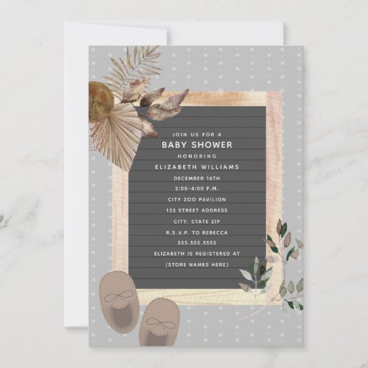 Letterboard Baby Shoes Boho Botanical Baby Shower  Einladung (Vorderseite)