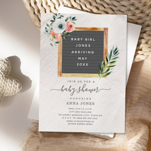Letterboard Boho Floral Girl Babydusche Einladung