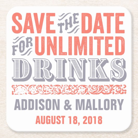 Letterprint unbegrenzter Getränk-Save the Date Rechteckiger Pappuntersetzer (Vorderseite)