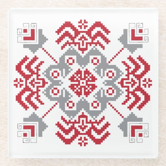 Lettisch Auseklis Folk Art geometrischer Medaillon Glasuntersetzer (Vorderseite)