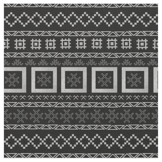 Lettische traditionelle Symbole auf Mudcloth Black Stoff (Nahaufnahme)