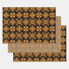 Lettische Vintage Schwarz-, Orange-, Grau-Folk-Kun Geschenkpapier Set