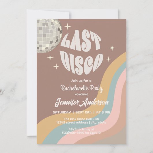 Letzte Disco 70er Retro Groovy Junggeselinnen-Absc Einladung (Vorderseite)